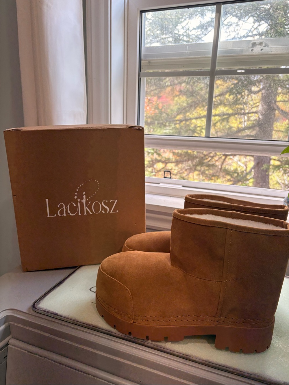 Lacikosz Women's Mid-Calf Snow Boots Brown Suede Faux Fur Lined Pull On US 9